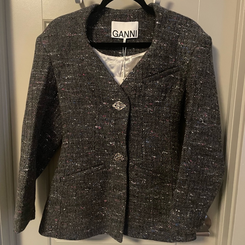 Ganni Wool Tweed Fitted Blazer - XS - 32